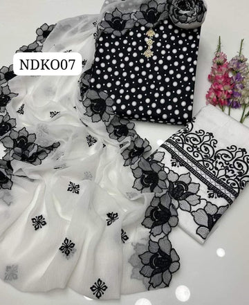 Stuff Lawn Front Back Sleeves Polka Digital Print Shirt And Embroidery Trouser With Chiffon Cut Work Embroidery Dupatta 3PC Dress